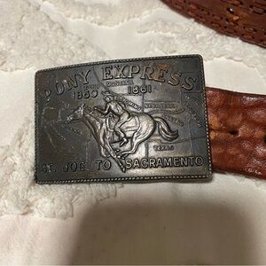 Pony express brass buckle leather belt, size 32